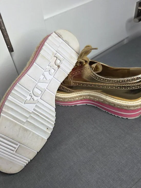 Prada Gold Metallic Platform Brogue Oxfords Espadrille Sole Women's 37.5 - Picture 6 of 13